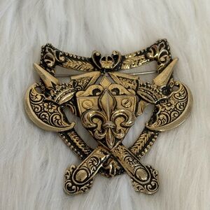 Vintage Gold Fleur-de-Lis Crossed Axe Decorative Brooch